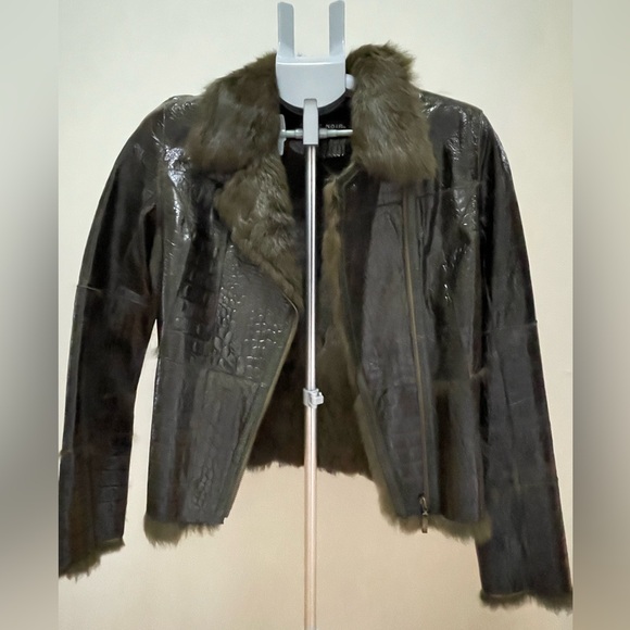 Blanc Noir Dark Green Faux Patent Leather Jacket with Faux Fur Lining - Picture 4 of 9